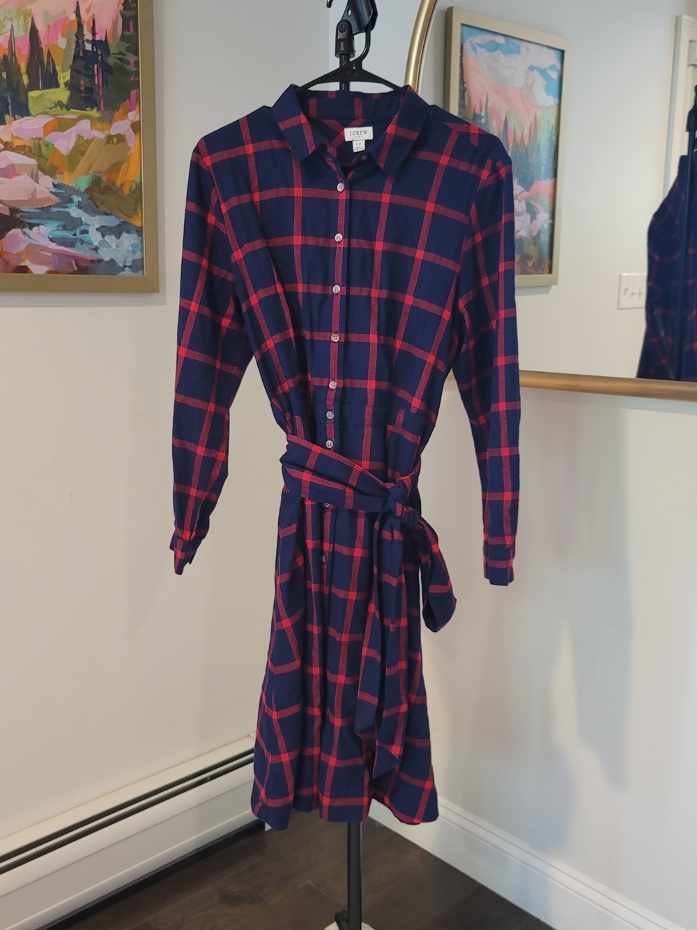 EUC J CREW Cotton Flannel Shirt Dress Navy Blue Red Plaid Preppy Women's Size 12 - Picture 2 of 12